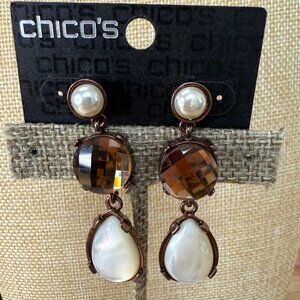 Chicos Brown Queens Royal Jewels Dangle Earrings With Faux Pearls & Faceted Gems